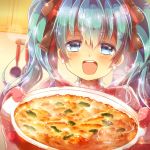  1girl aqua_hair blue_eyes earrings food gratin hair_ribbon hatsune_miku indoors jewelry kitchen long_hair looking_at_viewer necklace open_mouth oven_mitts pov ribbon smile solo twintails urara_(sumairuclover) vocaloid 