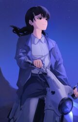  1girl absurdres black_eyes black_hair blue_jacket blue_skirt chainsaw_man closed_mouth hair_ornament hairclip highres jacket kumah_dessu long_hair mitaka_asa motor_vehicle night night_sky on_scooter outdoors riding_scooter shirt skirt sky solo white_shirt 