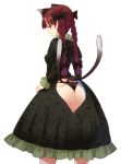  1girl animal_ears ass ass_cutout black_panties blush bow braid cat_ears cat_tail dress extra_ears floral_print from_behind hair_bow hair_ornament heart_cutout kaenbyou_rin long_hair long_sleeves looking_at_viewer looking_back multiple_tails panties pointy_ears profile puffy_sleeves red_eyes redhead simple_background smile solo tail touhou twin_braids underwear urin white_background 