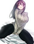  1girl backlighting bed_sheet between_legs black_hair black_legwear blush breasts character_request ear_studs earrings hand_between_legs highres hohehohe jewelry kneeling large_breasts long_hair on_bed pantyhose ribbed_sweater simple_background solo sweater taut_clothes turtleneck v_arms 