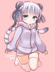  1girl blue_eyes blush braid casual double_bun haku_(p&amp;d) hood_down hoodie looking_at_viewer marshmallow_mille multicolored_hair no_shoes pink_background purple_hair puzzle_&amp;_dragons solo tail thigh-highs tiger_tail twin_braids twitter_username white_legwear 