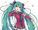  blush green_eyes green_hair hatsune_miku long_hair microphone seifuku singing twintails vocaloid 