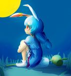  1girl animal_ears bloomers blue_dress blue_hair bunny_tail commentary_request dress ear_clip eruei full_moon grass highres leg_hug looking_up mallet moon night night_sky no_shoes profile rabbit_ears red_eyes sad seiran_(touhou) short_dress short_twintails sitting_on_ground sky socks solo tail tearing_up touhou twintails underwear 