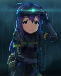  1girl ahoge aqua_eyes artist_request assault_rifle blurry bodysuit bokeh depth_of_field gloves gun harness lens_flare long_hair metal_gear_(series) night_vision_device parody pouches purple_hair rain rifle skin_tight smile sneaking_suit source_request weapon wet wet_clothes 
