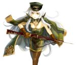  1girl bayonet brown_legwear dress gloves gun hair_tubes hat highres jacket_on_shoulders keiko_(mitakarawa) long_hair looking_at_viewer military_hat musket original pantyhose parted_lips sidelocks simple_background solo strapless_dress very_long_hair weapon white_background white_hair yellow_eyes 