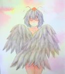  1girl black_hair black_wings collarbone covering cowboy_shot feathered_wings folded_wings full_body hat highres looking_away nude pink_background red_eyes shameimaru_aya short_hair solo tokin_hat touhou traditional_media watercolor_(medium) wings yuyu_(00365676) 