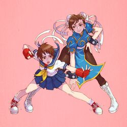  2girls blue_dress boots bracelet breasts brown_eyes brown_hair brown_legwear bun_cover china_dress chinese_clothes chun-li cross-laced_footwear double_bun dress earrings fighting_stance fingerless_gloves full_body gloves hair_ribbon hand_on_hip headband highres jewelry kasugano_sakura lace-up_boots leaning_forward loose_socks multiple_girls pantyhose pelvic_curtain pink_background red_gloves ribbon sash school_uniform serafuku shoes short_hair skirt sneakers socks spiked_bracelet spikes standing street_fighter tanuki_koubou 