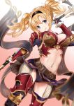  &gt;:) 1girl absurdres armor belt blonde_hair blue_eyes blush braid breasts cleavage gloves gradient gradient_background granblue_fantasy hair_intakes hairband highres holding holding_weapon large_breasts lips long_hair midriff navel polearm purple_gloves red_armor showgirl_skirt sin_(kami148) smile solo spear thigh-highs twin_braids twintails weapon zeta_(granblue_fantasy) 