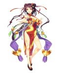  1girl arm_ribbon artist_request bare_legs bell brass_knuckles breasts character_request china_dress chinese_clothes cleavage copyright_request double_bun dragon_print dragon_tattoo floating_hair full_body hair_bun hair_ornament hair_ribbon highres jingle_bell long_hair red_eyes ribbon simple_background sleeveless solo weapon white_background 