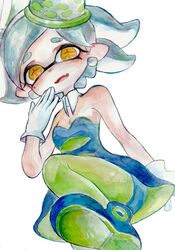  detached_collar dress earrings fangs gloves highres hotaru_(splatoon) jewelry mask mole mole_under_eye object_on_head open_mouth pantyhose pointy_ears short_hair smile splatoon tagme tentacle_hair uchiyama_(uuchiyamaa) white_background 