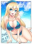  1girl :d artist_name atago_(kantai_collection) bare_arms bare_legs beret bikini blonde_hair blue_bikini blue_eyes blue_sky breasts cleavage clouds collarbone dated full_body hair_between_eyes hanging_breasts hat kantai_collection kondou_ryunosuke large_breasts long_hair looking_at_viewer open_mouth outdoors sky smile solo swimsuit thigh_gap twitter_username white_border 