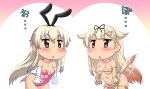  2girls ass bare_shoulders bikini blonde_hair brown_eyes brown_gloves brown_legwear elbow_gloves gloves gradient_hair hair_ornament hair_ribbon hairclip hase_yu kantai_collection long_hair micro_bikini multicolored_hair multiple_girls paw_gloves pink_hair red_eyes ribbon shimakaze_(kantai_collection) sidelocks swimsuit tail thigh-highs triangle_mouth white_gloves white_legwear yuudachi_(kantai_collection) 