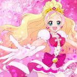  1girl :d blonde_hair bow cowboy_shot cure_flora earrings flower flower_earrings flower_necklace gloves go!_princess_precure green_eyes haruno_haruka jewelry long_hair magical_girl multicolored_hair nako_(hesibe118) necklace open_mouth pink pink_background pink_bow pink_hair pink_skirt precure skirt smile solo streaked_hair two-tone_hair white_gloves 