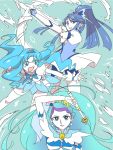  3girls blue_eyes blue_hair bow_(weapon) butterfly_hair_ornament color_connection cure_aqua cure_marine cure_mermaid female gloves go!_princess_precure hair_ornament heartcatch_precure! kaidou_minami kiyoy777 kurumi_erika magical_girl minazuki_karen multicolored_hair multiple_girls precure shorts_under_skirt skirt trait_connection two-tone_hair water weapon yes!_precure_5 yes!_precure_5_gogo! 