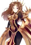  1girl armor armored_dress blush bodysuit brown_eyes brown_hair ear_protection headdress highres league_of_legends leona_(league_of_legends) long_hair rmm shield tagme tears 