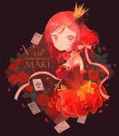  1girl ace_of_spades black_gloves bow card character_name choker crown dated dress elbow_gloves fingerless_gloves flower frills gloves hair_bow happy_birthday looking_at_viewer love_live!_school_idol_project mini_crown nishikino_maki pechika petals playing_card red_rose redhead ribbon ribbon_choker rose rose_petals scepter smile solo striped striped_ribbon twitter_username violet_eyes 