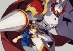  1boy armor belt brown_hair cape clenched_hands copyright_name digimon digimon_tamers dukemon goggles goggles_on_head grey_pants hajime_(hajime-ill-1st) helmet hoodie horns knight lance matsuda_takato monster pants polearm red_cape red_eyes shield short_hair shoulder_pads weapon wristband yellow_eyes 