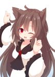  1girl ahoge animal_ears beni_shake blush breasts brooch brown_hair cleavage collarbone dress gradient gradient_background imaizumi_kagerou jewelry long_hair long_sleeves looking_at_viewer one_eye_closed open_mouth red_eyes smile solo touhou wide_sleeves wolf_ears 