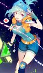  1girl alternate_costume alternate_eye_color alternate_hair_color aqua_hair asymmetrical_legwear breasts cleavage fingerless_gloves gloves heart highres league_of_legends pink_eyes potion riven_(league_of_legends) rmm short_ponytail speech_bubble star sword tagme weapon 