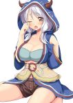  1girl :o blush body_mahattaya_ginga breasts brown_eyes cleavage granblue_fantasy hood horns kumuyu large_breasts long_hair looking_at_viewer low_twintails one_eye_closed open_mouth shorts silver_hair simple_background sitting solo twintails wariza white_background wide_sleeves 