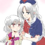  2girls blue_eyes blush braid hand_on_own_face hat jacket kishin_sagume long_hair long_sleeves looking_at_another multiple_girls open_mouth petting red_cross red_eyes ribbon short_hair silver_hair single_wing smile sweat touhou unya white_hair wings yagokoro_eirin younger 