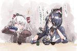  2girls abaratani_kurou amatsukaze_(kantai_collection) blush breasts chopsticks commentary_request eating eyepatch fingerless_gloves flat_chest food food_on_face gloves highres kantai_collection large_breasts long_hair multiple_girls necktie open_clothes pout short_eyebrows short_hair sleeves_rolled_up tempura tenryuu_(kantai_collection) translation_request twintails yellow_eyes 