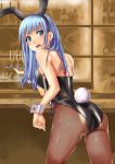 1girl animal_ears blue_eyes blue_hair bunny_tail bunnysuit cup detached_collar drinking_glass fishnet_pantyhose fishnets from_behind nosa original pantyhose rabbit_ears tail tray wine_glass wrist_cuffs 