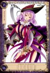  1girl breasts cape curly_hair dagger despina_(queen&#039;s_blade) hat highres kure_masahiro large_breasts long_hair long_sleeves looking_at_viewer open_mouth pointy_ears purple_hair queen&#039;s_blade queen&#039;s_blade_grimoire revealing_clothes simple_background smile solo violet_eyes weapon white_background 