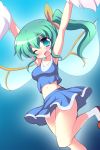  1girl armpits blush breasts cheerleader d; daiyousei fairy_wings geogeo green_eyes green_hair hips jumping miniskirt one_eye_closed open_mouth pom_poms side_ponytail skirt solo thighs touhou wind_lift wings 