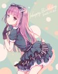  1girl aikatsu! bangs black_gloves blunt_bangs blush brown_eyes brown_hair dated dress gloves hair_ribbon hairband hand_on_own_chin happy_birthday hikami_sumire hime_cut hiten_goane_ryu layered_skirt long_hair looking_at_viewer purple_hair ribbon short_sleeves solo vertical_stripes violet_eyes 