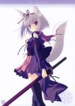  absurdres animal_ears bow highres katana nanao_naru original sheath sheathed silver_hair skirt snowflakes sword tail weapon 