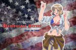  1girl america_(hetalia) artist_name axis_powers_hetalia blonde_hair blue_eyes blush_stickers breasts character_name cleavage copyright_name flag_background genderswap looking_at_viewer official_style open_mouth or&auml;dd short_hair smile solo_focus upper_body 