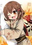  1boy 1girl admiral_(kantai_collection) arm_grab blush brown_eyes brown_hair commentary_request fan fang hair_ornament hairclip ikazuchi_(kantai_collection) japanese_clothes kantai_collection kimono leaf leaf_background obi one_eye_closed open_mouth oshiruko_(uminekotei) paper_fan sash translated uchiwa yukata 