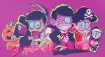  6+boys absurdres blue_sclera brothers choromatsu costume drooling english fake_mustache green_skin halloween highres ichimatsu jyushimatsu karamatsu male_focus messy_hair multiple_boys osomatsu-kun osomatsu-san osomatsu_(osomatsu-kun) pirate_costume pumpkin_costume purple_background red_eyes risao scythe sextuplets siblings simple_background skeleton_costume smile todomatsu tongue tongue_out upper_body vampire_costume zombie 