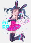  1girl animal_ears black_hair boots character_name copyright_name dress elbow_gloves fingerless_gloves gloves headset high_heel_boots high_heels jumping love_live!_school_idol_project pechika rabbit_ears red_eyes sash smile solo thigh-highs thigh_boots twintails twitter_username yazawa_nico 