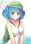  1girl :d backpack bag bare_shoulders between_breasts blue_eyes blue_hair blush breasts cleavage collarbone culter hair_bobbles hair_ornament hat kawashiro_nitori long_hair looking_at_viewer no_bra open_mouth shirt sitting sleeveless sleeveless_shirt smile solo touhou twintails upper_body very_long_hair water 