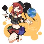  1girl bare_shoulders chain character_name cleavage clothes_writing collar earth_(ornament) hat hecatia_lapislazuli long_hair one_eye_closed open_mouth ori_(yellow_duckling) red_eyes redhead shirt skirt smile solo t-shirt touhou 