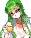  1girl breasts c.c. cleavage code_geass creayus cup green_hair long_hair looking_at_viewer simple_background solo twitter_username white_background yellow_eyes 