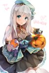  1girl :d aqua_eyes bare_shoulders black_dress blush bow breasts cleavage dress gem gift grey_hair halloween hat hat_bow ice_(ice_aptx) jewelry open_mouth original pumpkin simple_background smile solo white_background white_legwear 