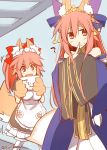  2girls artist_name blush caster_(fate/extra) fangs fate/grand_order fate_(series) japanese_clothes kurikara long_hair maid marker multiple_girls open_mouth ponytail smile tagme tamamo_cat_(fate/grand_order) twitter_username 