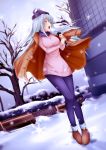  1girl aqua_eyes bench blush boots breath brown_boots building hat jacket leggings lovinnee microphone open_clothes open_jacket open_mouth original outdoors pantyhose park_bench pink_sweater scarf silver_hair snow snowflakes snowing solo sweater tree unbuttoned winter 