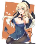  1girl adapted_costume atago_(kantai_collection) bare_shoulders bat_wings beret blonde_hair breasts demon_tail elbow_gloves emilion gloves hat kantai_collection long_hair pantyhose smile solo tail wings 
