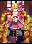  1girl asymmetrical_hair basket blonde_hair candy checkered checkered_floor collarbone dokulow dress flandre_scarlet full_body glowing hair_ornament halloween halloween_costume highres jack-o&#039;-lantern letterboxed lollipop looking_at_viewer mary_janes multicolored_legwear pantyhose puffy_sleeves red_dress red_eyes ribbon shoes short_sleeves side_ponytail smile solo striped striped_legwear sweets touhou wings 
