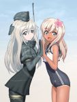  2girls blonde_hair blue_eyes dual_persona flower grey_eyes hair_flower hair_ornament hands_together hat hinomoto_(hinomoto6go) kantai_collection looking_at_viewer multiple_girls open_mouth palms_together ro-500_(kantai_collection) smile swimsuit tan u-511_(kantai_collection) white_hair 