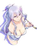  1girl bare_shoulders bottomless breasts cleavage frolaytia_capistrano hair_bun hair_ornament hair_stick heavy_object long_hair off_shoulder pipe silver_hair solo ueyama_michirou violet_eyes 