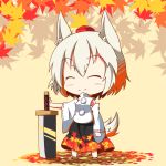  1girl animal_ears autumn_leaves bare_shoulders blush chibi closed_eyes detached_sleeves hat inubashiri_momiji leaf pom_pom_(clothes) sarashi short_hair silver_hair simple_background skirt smile solo sword tail tokin_hat touhou weapon wolf_ears wolf_tail yellow_background 