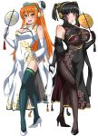  2girls :d bare_shoulders beatmania blush breasts cleavage_cutout covered_nipples fan floral_print full_body gloves green_legwear hair_ornament headgear headphones high_heels hinazuki_ririna holding_hands large_breasts long_hair looking_at_viewer maru_(maruttona) mouth_hold multiple_girls open_mouth orange_eyes orange_hair pantyhose paper_fan red_eyes simple_background smile standing thigh-highs two_side_up uchiwa umegiri_iroha white_background white_gloves 