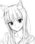  1girl animal_ears comic fang holo kawakami_rokkaku long_hair looking_at_viewer monochrome simple_background smile solo spice_and_wolf white_background wolf_ears 