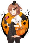  1girl ;d alternate_costume brown_hair candy colis_(regunm772) fang hair_ornament hairclip halloween highres ikazuchi_(kantai_collection) kantai_collection one_eye_closed open_mouth short_hair short_sleeves smile solo thigh-highs 