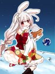  1girl animal_ears blush earth food long_hair looking_at_viewer looking_back mochi moon_rabbit niboshi original rabbit_ears red_eyes smile solo wagashi 